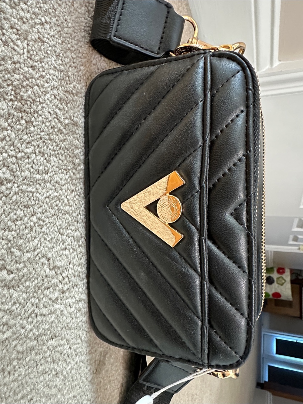 Valentino Orlandi Black Quilted Crossbody Bag with Gold Hardware